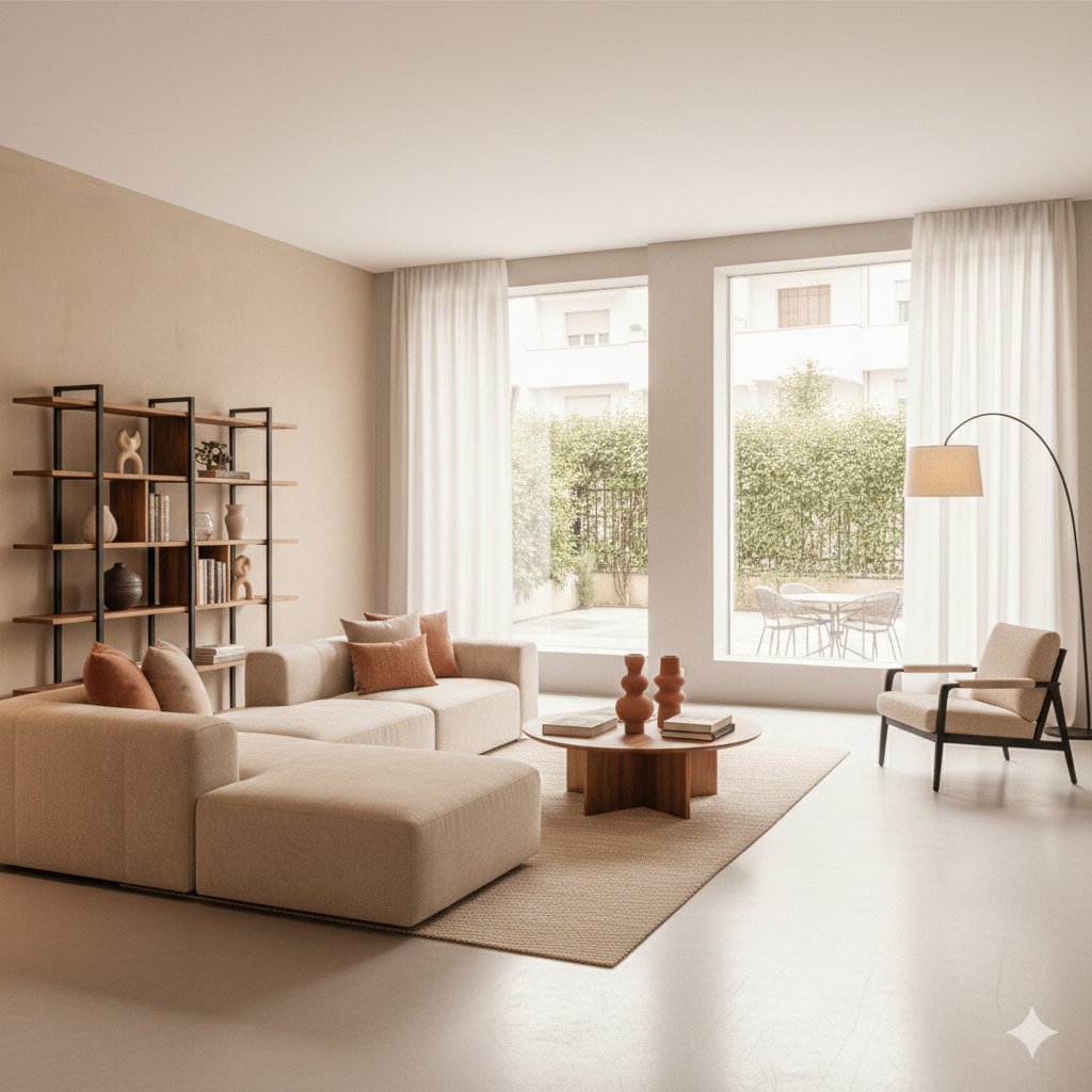 Soggiorno moderno con divano modulare, libreria e ampie vetrate